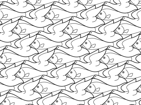 Bird Fish Tessellation By M.C. Escher Coloring Page